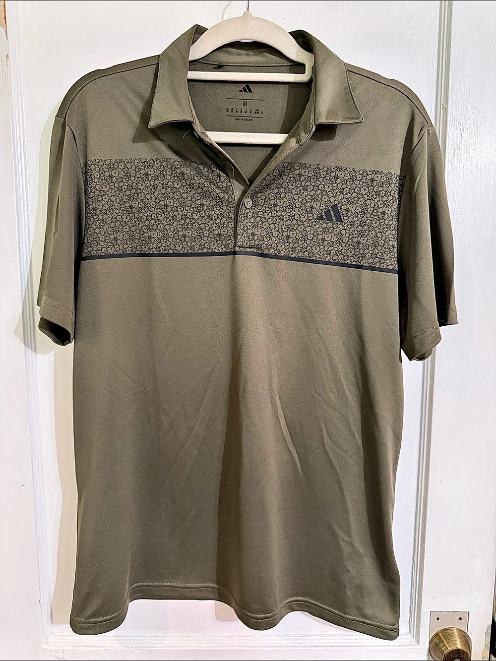 adidas men’s Golf Floral Chest Band Polo Shirt Green & Gray, Medium